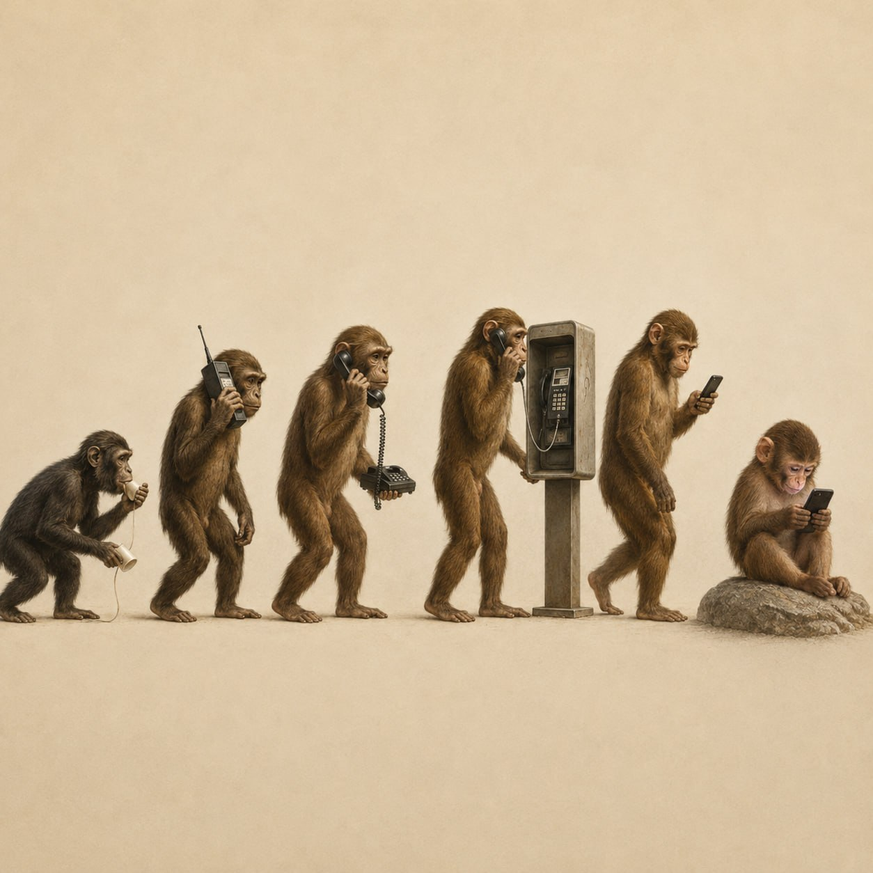 A visual evolution of apes using communication technology from simple tools to smartphones